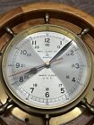 Vtg Bell Clock Co  Brass Ships Wheel Case Quartz Clock Oak Frame Mcm Display