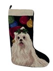 Vtg Christmas Stocking White Maltese Dog Wool Needlepoint Black Velvet Ornaments