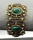 Vintage Ornate Gold Tone Marbled Green Glass Cabochon Faux Pearl Link Bracelet