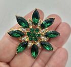Vintage Brooch Pin Flower Bud  Green Christmas Gold Tone  Rhinestone