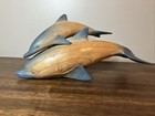 Wooden Hand Carved Two Art Sculpture Figure Of Two Blue Tail Fins Nose Dolphins