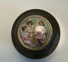 Vintage Round Aluminum Powder Puff Wind-up Music Box Victorian Scene On Top