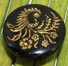 Antique Black Glass Button Gold Foil Embedded Cornacopia Floral Loop Shank 5 8 