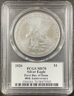 2026 Silver American Eagle Pcgs Ms70 Fdoi Damstra  40th Anniversary Label 