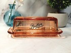 Pink Amber Depression Style Glass Butter Dish  Vintage Farmhouse Kitchenware