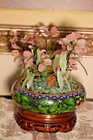 12  Vintage Bonsai Peking Jade Tree In Cloisonne Bowl W ebony Handcarved Stand
