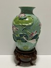Antique Chinese Turquoise Porcelain Vase Crane   Water Lilies Carved Marked