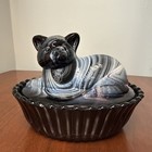 Vintage Westmoreland Cat Kitten On Nest Basket Purple Slag Glass Covered Dish 2