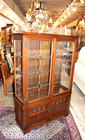 English Antique Oak  Display Cabinet   Leaded Glass With Light
