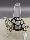 Vtg Sparkling Swarovski Turtle Tortoise Pin Brooch Gold Plated W black Enamel 