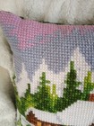 Handmade Cross Stitch Throw Pillow Cabin Forest 14x14 Zipper Back
