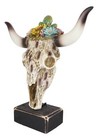 Rustic Western Faux Distressed Wood Bull Cow Skull With Floral Succulents Statue
