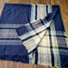Oversized Shawl Wrap Scarf Blue Beige Plaid Reverses Fringe 54 x57  Soft Warm
