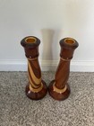 Vtg Mid Century Modern Turned Wood Candlestick Holders Pair Two Tone Inlay Mcm