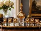 Vintage Murano Style Decanter Set 7 Pc Amber Gold 24k Hand Painted Italian Glass