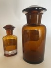 Vtg Set Of 2 Amber Apothecary Glass  Stopper Jars Chemist Pharmacy Latin Label