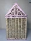 Vtg Wicker Child   s Dollhouse Shaped Toy Treasure Storage Hamper Pink Cottage