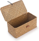 Rectangular Handwoven Seagrass Small Storage Basket With Lid For Shelves And Hom