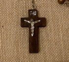 Vintage Rosary Olive Wood Bead Wooden Silver Tone Crucifix Cross Catholic