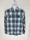 Angry Minnow Flannel Shirt Mens M Blue Plaid Hamms Beer Big Patch Button Up