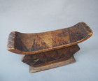 Good Large Old South African Tribal Art Zulu Carved Wooden Headrest Burnt Design