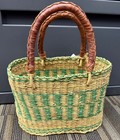New African Bolga Basket Ghana Handmade Woven Leather Handles Green   Tan