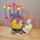 Nice  Vintage  1950 s  Celluloid   Tin  Wind Up  Duck Cart  Whirligig In Box