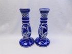 2 Vtg Floral Cobalt Blue   White Porcelain Chinoiserie Candle Stick Holder 9 25 