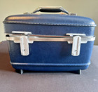 Vintage American Tourister Train Case Blue Makeup Vanity Cosmetic Box W  Tray