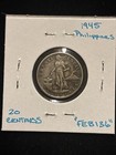 1945 Philippines 20 Centavos World Silver  United States 20c    feb136   