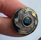 Antique Brass Button W celluloid Liner blue Jewel   Hand Painting 7 8  05