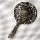 Vintage Silver Plated Hand Held Vanity Mirror Floral Very Heavy Art Nouveau