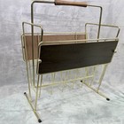 Vintage Mcm Brass Wire Magazine Record Rack Wood Handle Gold Tone 1960s