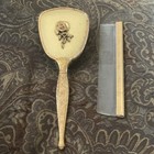 Vintage Hollywood Regency Gold Plated Vanity Hairbrush   Comb Set W  Rose Detail