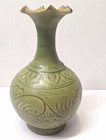 Korean Celadon Glaze Carved Lotus Vase Fluted Rim Crackle Stoneware Heavy 9 