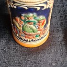 German Lidded Beer Stein W  Pewter Lid Blue Relief German Text B6