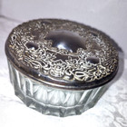 Vtg Elegant Silver-plated Floral-embossed Glass Powder Glass Jar- Vanity Storage