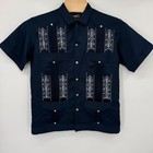 Campos Guayabera Shirt Men 40 Navy Blue Embroidered Short Sleeve Mexican Wedding