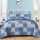 King Size Blue Boho Quilt Set - 3 Piece Plaid Floral Bedspread  Reversible Cover