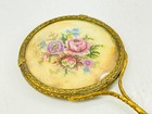 Vintage Antique Needlepoint Handheld Victorian Floral Brass Vanity Hand Mirror