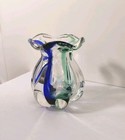 Cobalt Blue - Green  Pulled   Blown Art Glass Vase 4  Tall  Heavy  Vtg  Mcm  Vgc