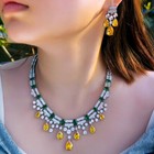 Cubic Zirconia Yellow Drop Green Leaf Wedding Necklace Earring Women Jewelry Set