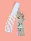 Vintage  Hair Comb In Faux Leather Floral Case  White beige  5 In