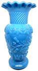 Pair Of Antique Blue Opaline Bristol Glass Matching Tall Vases  Floral Pattern