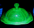 Atq Butter cheese Dish Uranium Green Federal Glass With Cover  Madrid Pattern