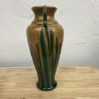Large Vintage Art Pottery Vase Green Brown Drip Glaze Double Handle 13   