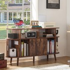  Large Round Record Player Stand With Charging Station   Fluted Panel  Brown Mid