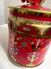 Vintage Red   Gold Floral Tin Container With Lid Made In England Decorative Meta