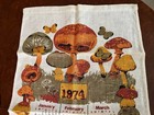 1974 Mushrooms Calendar Pure Linen Kitchen Tea Towel Unused Vintage Orange Green
