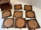Vintage Wood And Cork Coaster Set With Metal Handle Wooden Holder W drawers Mcm